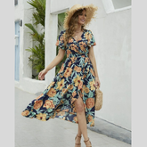 Floral Print Short Sleeve Wrap Midi Dress