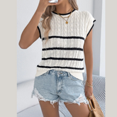 Cable-Knit Striped Round Neck Knit Top
