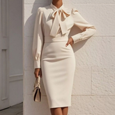 Bow Tie Neck Long Sleeve Bodycon Dress