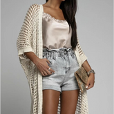 Openwork Open Front Three-Quarter Sleeve Cover Up
