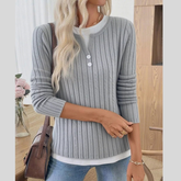 Ribbed Knit Button Detail Contrast Sweater