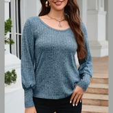 Ribbed Round Neck Lantern Sleeve Knit Top