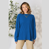 Basic Bae Full Size Ribbed Round Neck Slit Knit Top