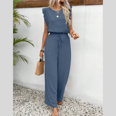 Lace Trim Round Neck Top and Pants Set