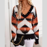 Geometric Frayed Hem V-Neck Long Sleeve Sweater