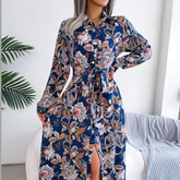 Tied Printed Long Sleeve Midi Dress
