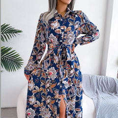 Tied Printed Long Sleeve Midi Dress