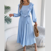 Ruffle Trim Pleated A-Line Midi Dress