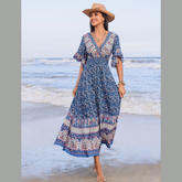Ruched Printed Flounce Sleeve Midi Dress