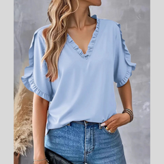 Ruffled V-Neck Short Sleeve Blouse