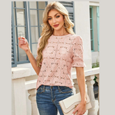 Openwork Round Neck Short Sleeve Top