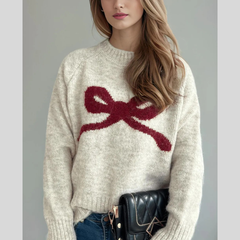 Bow Detail Round Neck Long Sleeve Knit Sweater