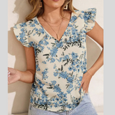 Floral Print Ruffle Sleeve V-Neck Blouse