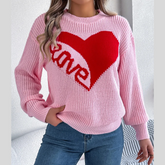 LOVE Heart Round Neck Dropped Shoulder Sweater