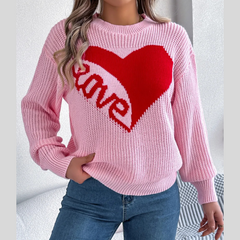 LOVE Heart Round Neck Dropped Shoulder Sweater