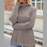 Ribbed Turtleneck Long Sleeve Slit Knit Top