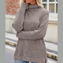 Ribbed Turtleneck Long Sleeve Slit Knit Top