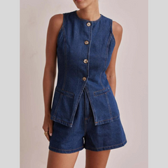 Button Down Vest and Shorts Denim Set