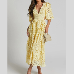 Cutout Back Lace Crochet V-Neck Dress