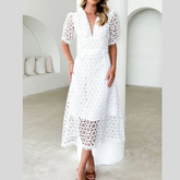 Eyelet Lace V-Neck Midi Dress with Puff Sleeves