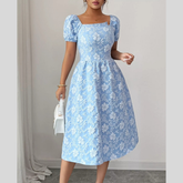 Floral Square Neck Puff Sleeve Midi Dress