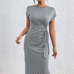 Honey Tied Striped Round Neck Short Sleeve Tee Dress