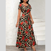 Printed Round Neck Short Sleeve Maxi Tee Dress