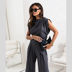 Slit Ruched Top and Wide Leg Pants Set
