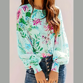 Smocked Printed Round Neck Lantern Sleeve Blouse