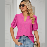 Florira Eyelet Notched Short Sleeve T-Shirt