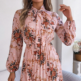 Pleated Printed Tie Neck Long Sleeve Dress