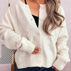 Flower Button Up Ribbed Hem Cardigan