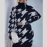 Houndstooth Pattern Turtleneck Sweater Dress