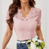 Lace Trim Eyelet Embroidered Summer T-Shirt