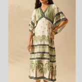 Palm Print V-Neck Midi Dress