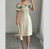 Floral Embroidered Puff Sleeve Dress with Mesh Shoulder