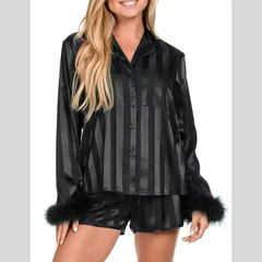 Striped Feather Trim Shirt and Shorts Lounge Set