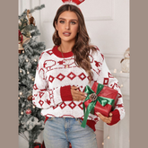 Perfee Contrast Geometric Round Neck Long Sleeve Sweater