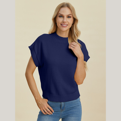 Double Take Full Size Mock Neck Short Sleeve Sweater