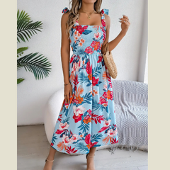 Smocked Floral Tie Shoulder Midi Dress