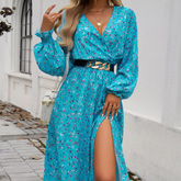 Devine Split Printed Surplice Long Sleeve Midi Dress