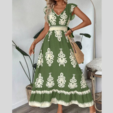 Printed V-Neck Ruffled Cap Sleeve Dress
