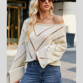 Openwork Boat Neck Long Sleeve Sweater