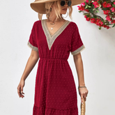 V-Neck Swiss Dot Ruffle Hem Mini Dress