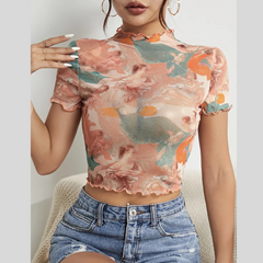 Abstract Print Ruffled Mock Neck Crop T-Shirt