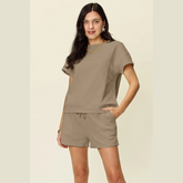 Double Take Full Size Texture Short Sleeve T-Shirt and Drawstring Shorts Set