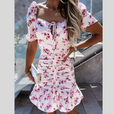 Ruched Floral Sweetheart Neck Mini Dress