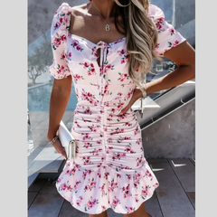 Ruched Floral Sweetheart Neck Mini Dress