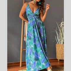Tropical Print V-Neck Maxi Dress