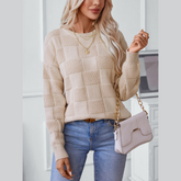 Checkered Round Neck Long Sleeve Sweater Moni Wear